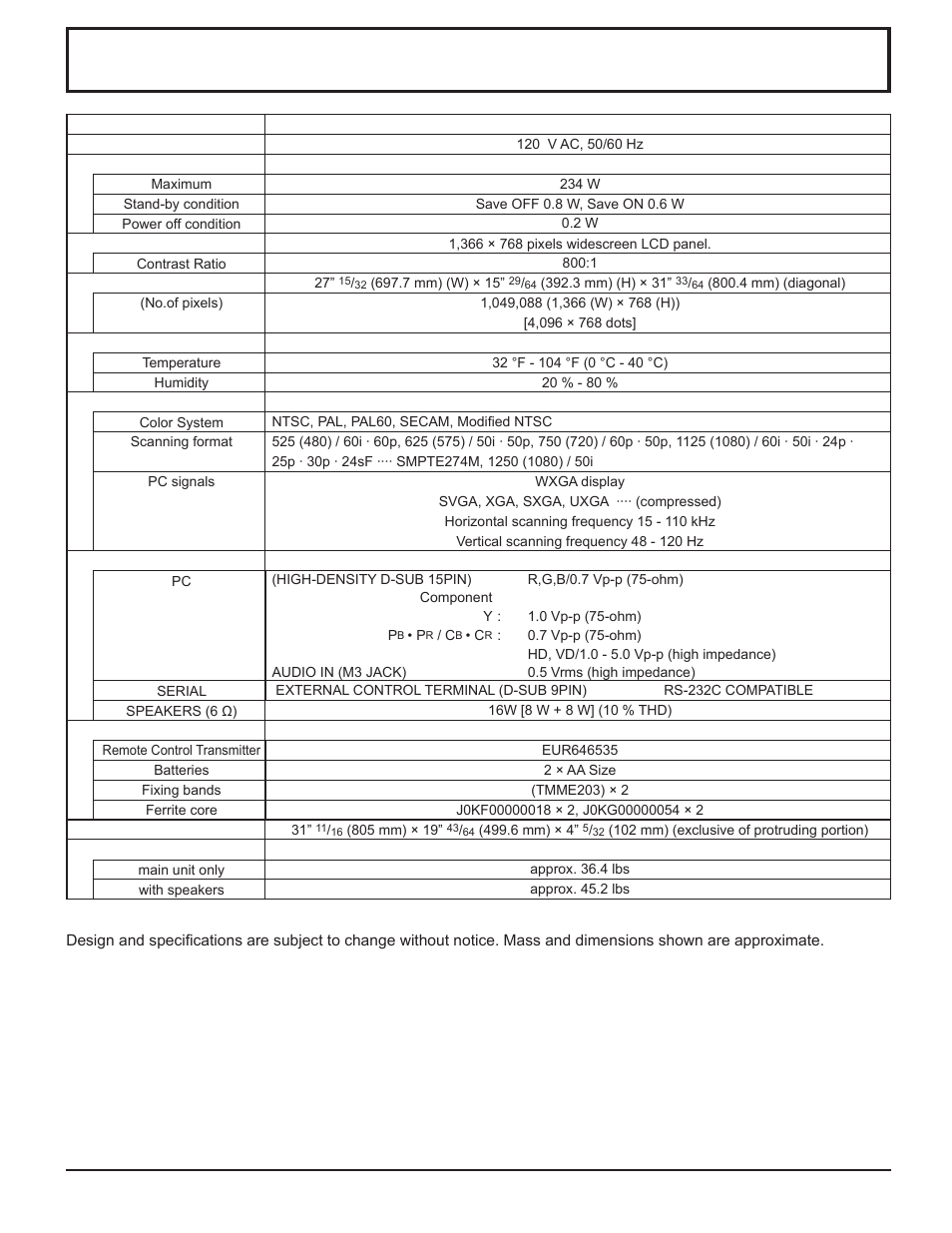 Specifications, Specifi cations | Panasonic TH-32LHD7 User Manual | Page 34 / 36