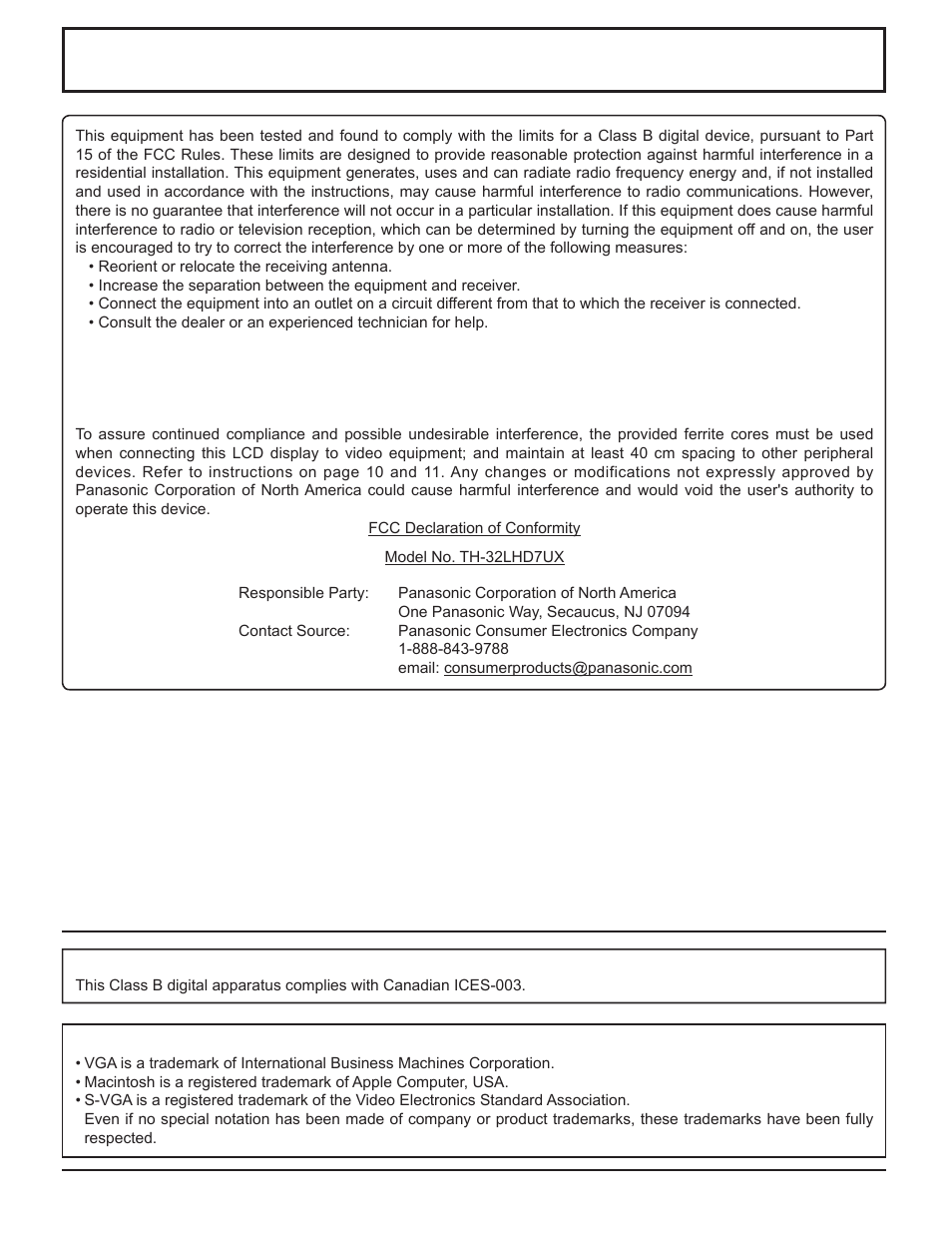 Fcc statement | Panasonic TH-32LHD7 User Manual | Page 5 / 36