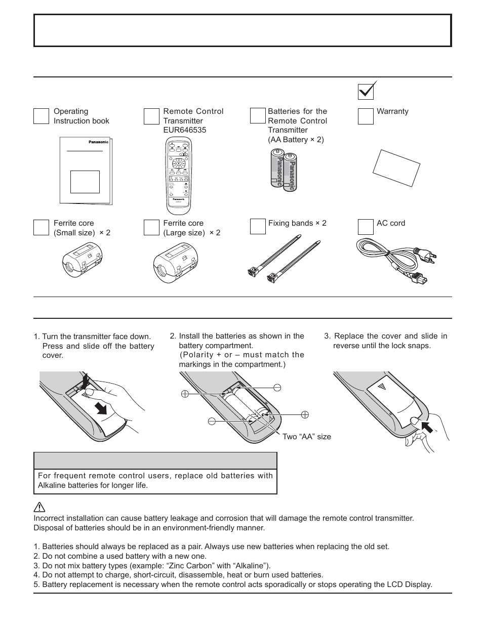 Accessories, Accessories supplied, Remote control batteries | Precaution on battery use, Helpful hint, Two “aa” size | Panasonic TH-32LHD7 User Manual | Page 8 / 36