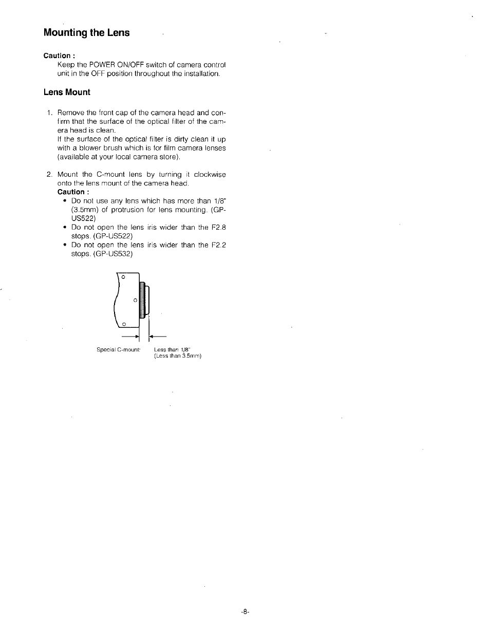 Mounting the lens, Caution | Panasonic GP-US532H User Manual | Page 10 / 24