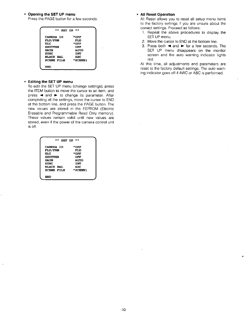 All reset operation, Editing the set up menu | Panasonic GP-US532H User Manual | Page 12 / 24