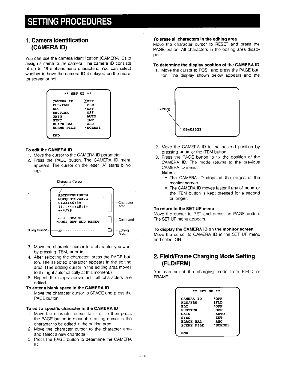 Camera identification (camera id), To erase all characters in the editing area, To determine the display position of the camera id | To edit the camera id, To edit a specific character in the camera id, To return to the set up menu, To display the camera id on the monitor screen, Field/frame charging mode setting (fld/frm), Sehing procedures | Panasonic GP-US532H User Manual | Page 13 / 24