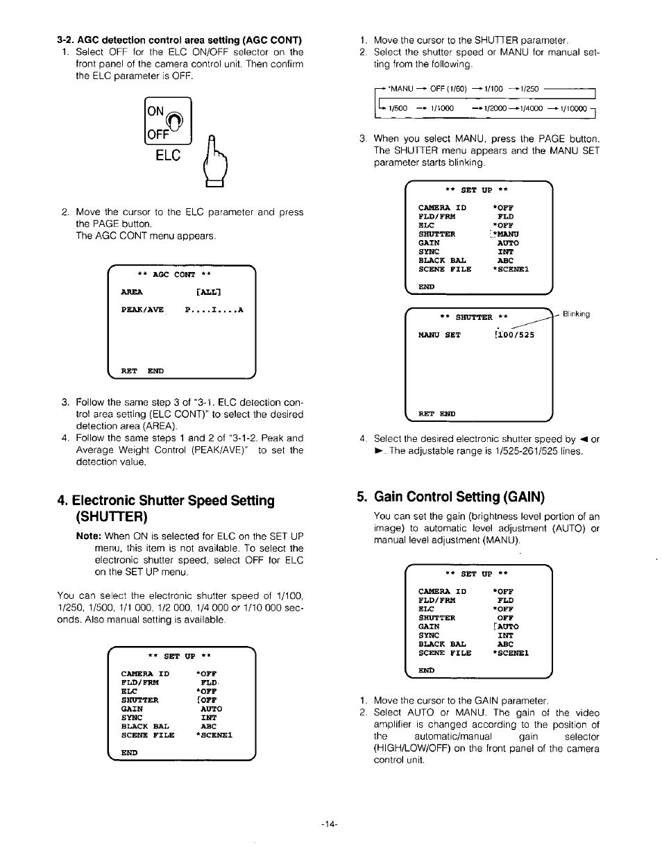 2. agc detection control area setting (agc cont), Electronic shutter speed setting (shutter), Gain control setting (gain) | Panasonic GP-US532H User Manual | Page 16 / 24