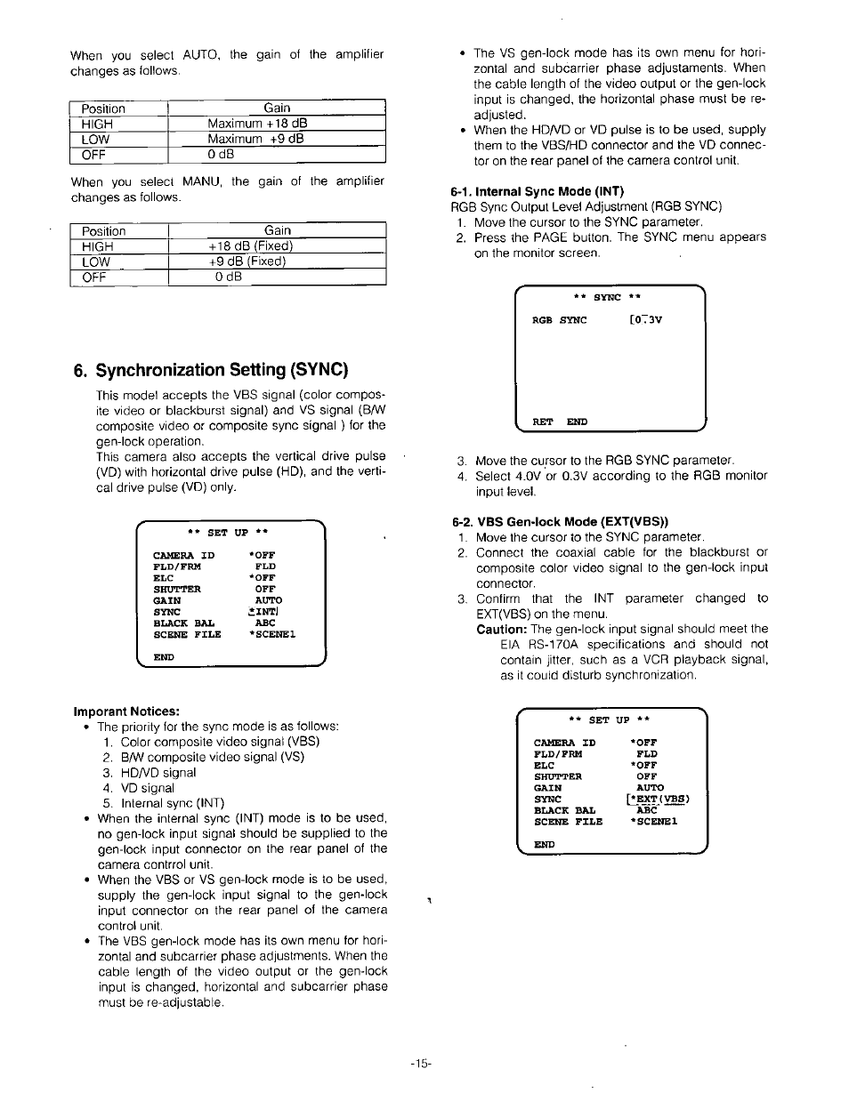 Synchronization setting (sync), 1. internal sync mode (int), 2. vbs gen-lock mode (ext(vbs)) | Imporant notices | Panasonic GP-US532H User Manual | Page 17 / 24