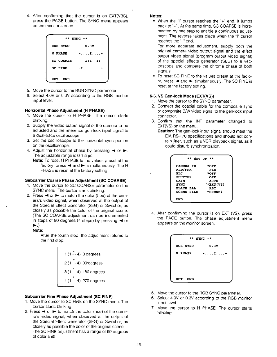 Horizontal phase adjustment (h phase), Subcarrier coarse phase adjustment (sc coarse), Subcarrier fine phase adjustment (sc fine) | Notes, 3. vs gen-lock mode (ext(vs)) | Panasonic GP-US532H User Manual | Page 18 / 24