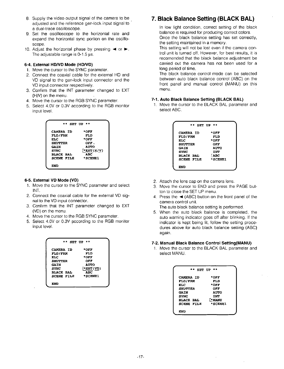 4. external hd/vd mode (hda^d), Black balance setting (black bal), 1. auto black balance setting (black bal) | 5. external vd mode (vd), 2. manual black balance control setting(manu) | Panasonic GP-US532H User Manual | Page 19 / 24