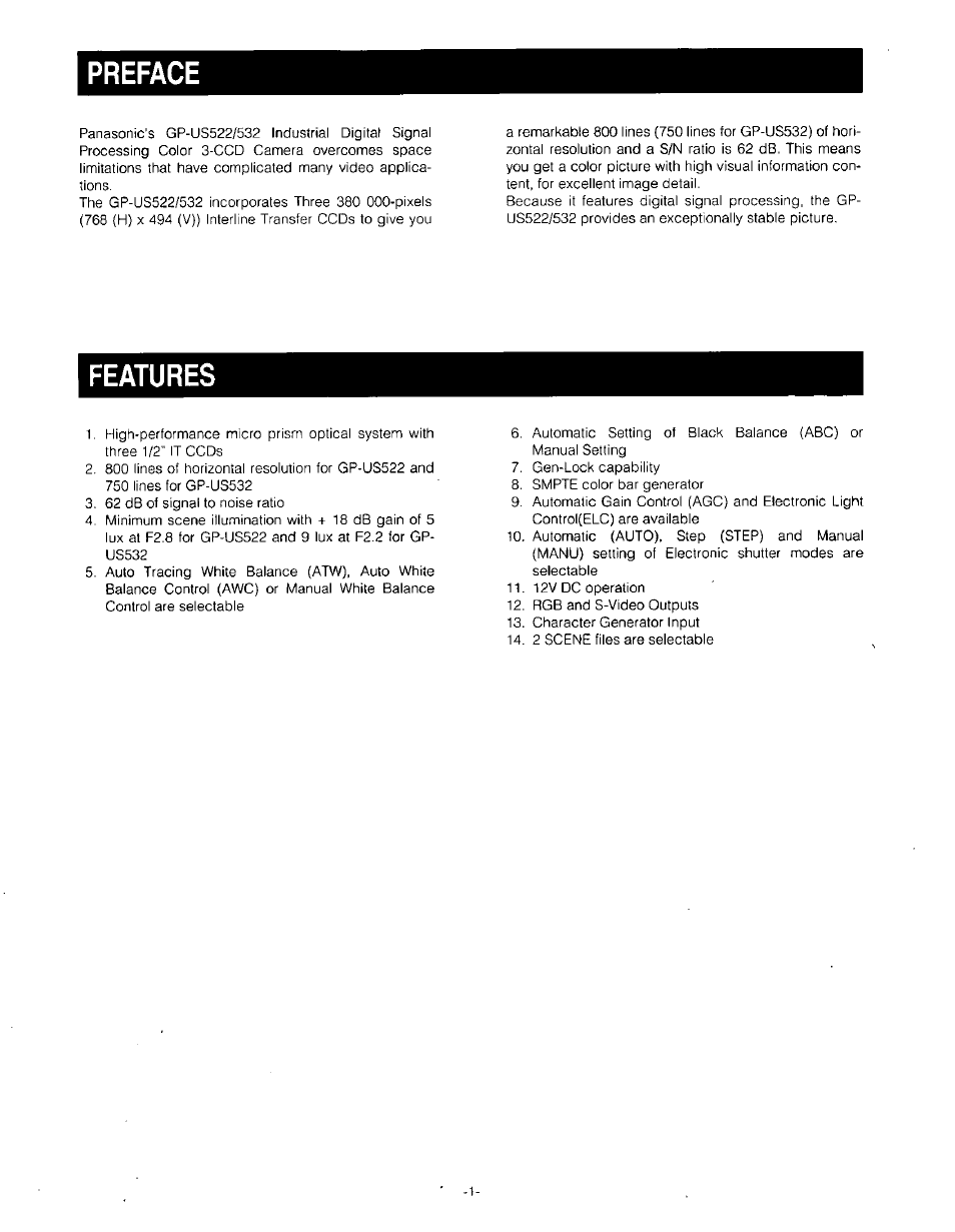 Preface, Features | Panasonic GP-US532H User Manual | Page 3 / 24