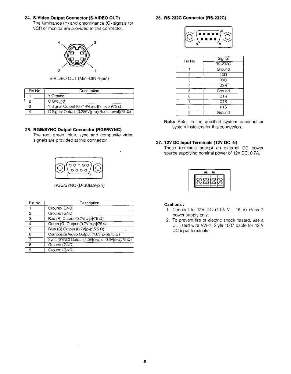 S-video output connector (s-video out), Rs-232c connector (rs-232c), Rgb/sync output connector (rgb/sync) | 12v dc input terminals (12v dc in), Cautions | Panasonic GP-US532H User Manual | Page 8 / 24