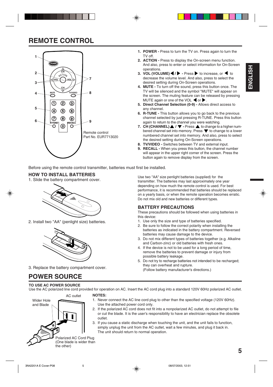 Remote control, Power source, English | Battery precautions, How to install batteries | Panasonic CT-2701 User Manual | Page 5 / 24