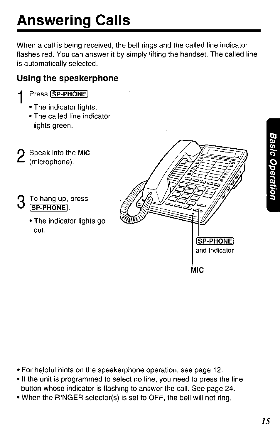 Answering calls, Using the speakerphone | Panasonic KX-TS401W User Manual | Page 15 / 32