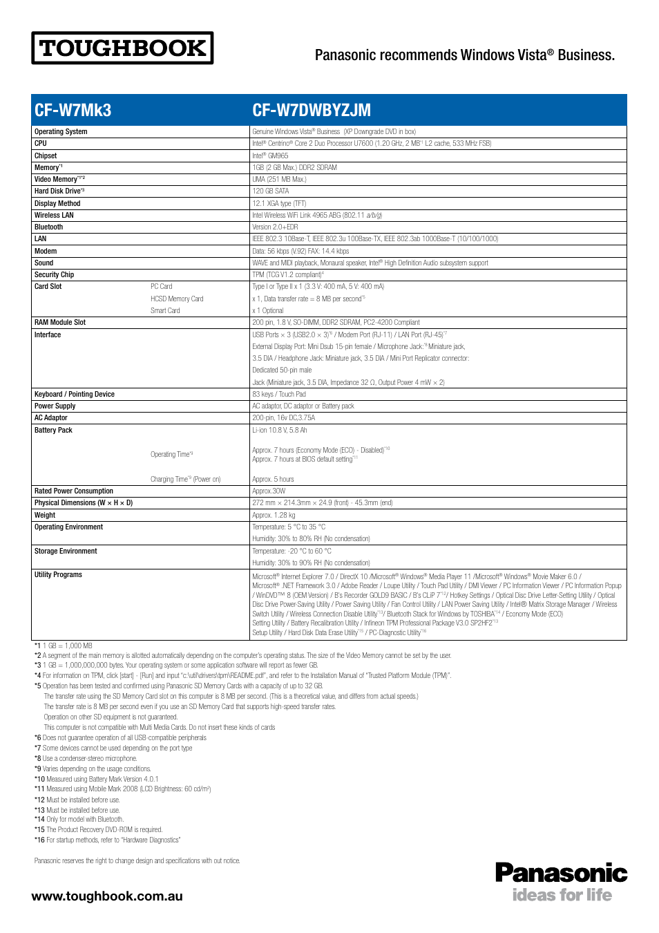 Cf-w7mk3 cf-w7dwbyzjm, Panasonic recommends windows vista, Business | Panasonic CF-W7Mk3 User Manual | Page 2 / 2