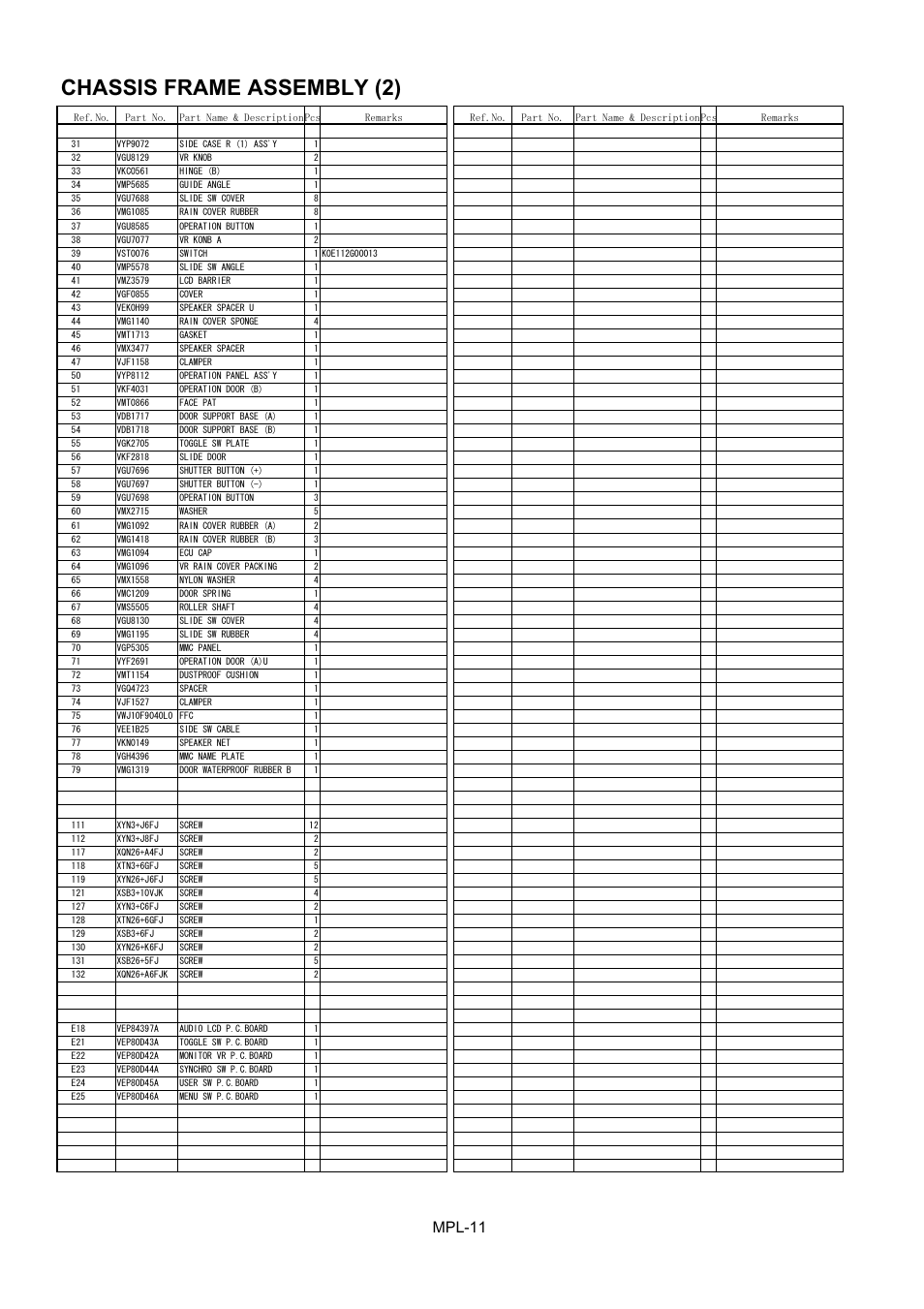 List, Chassis frame assembly (2), Mpl-11 | Panasonic AJ-HDC27MC User Manual | Page 12 / 18