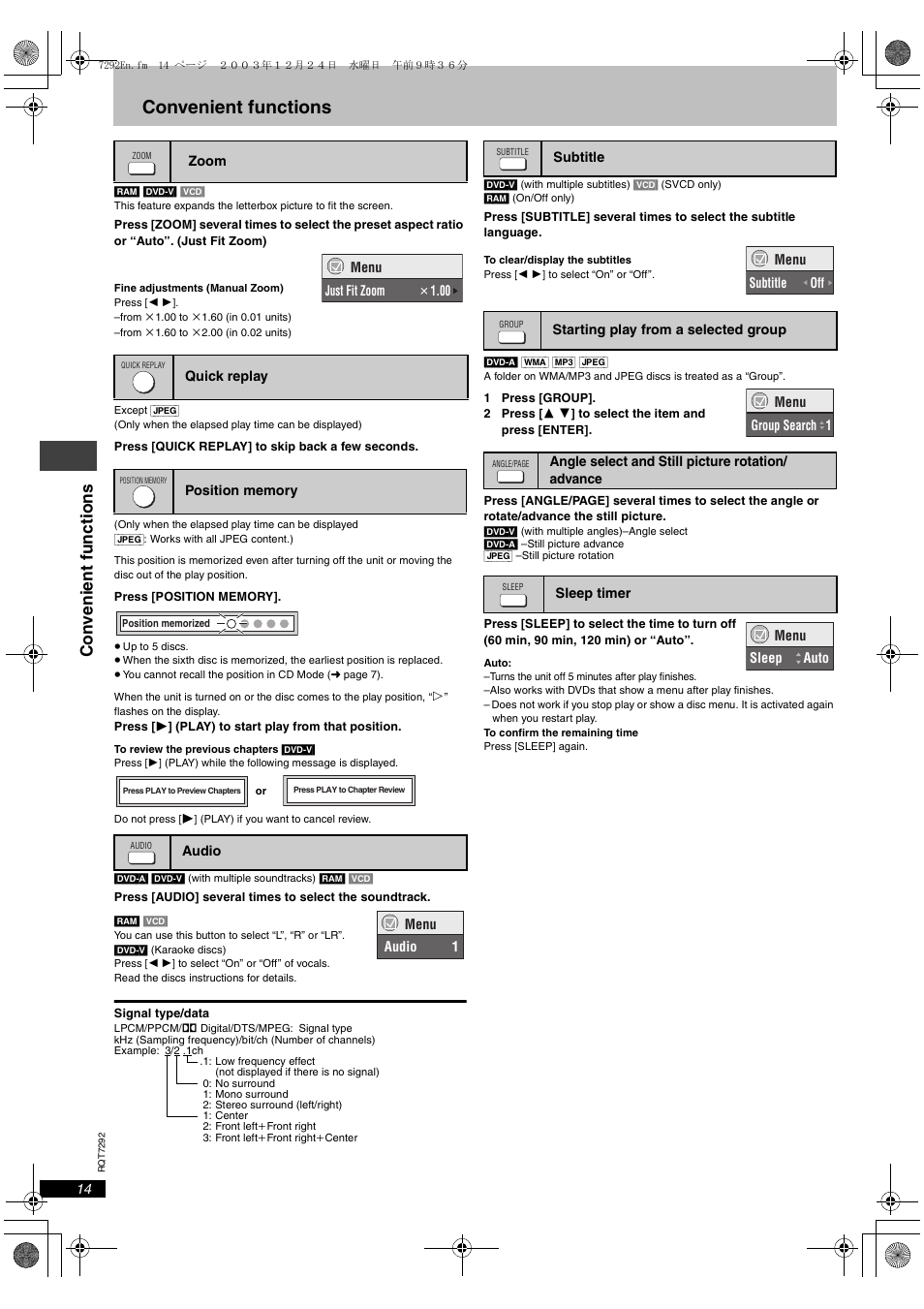 Convenient functions, Con veni ent f uncti ons | Panasonic DVD-F84 User Manual | Page 14 / 20