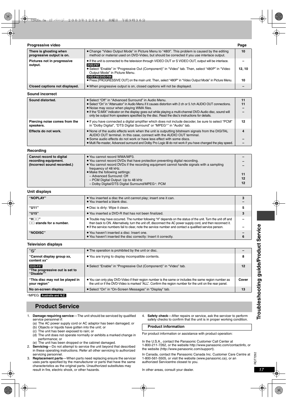 Product service, Tro u b leshoot ing gui de /p roduct s e rv ic e | Panasonic DVD-F84 User Manual | Page 17 / 20