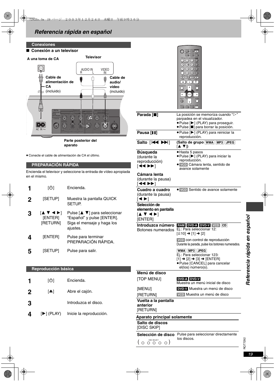 Referencia rápida en español, Ref e renci a r ápida en español | Panasonic DVD-F84 User Manual | Page 19 / 20