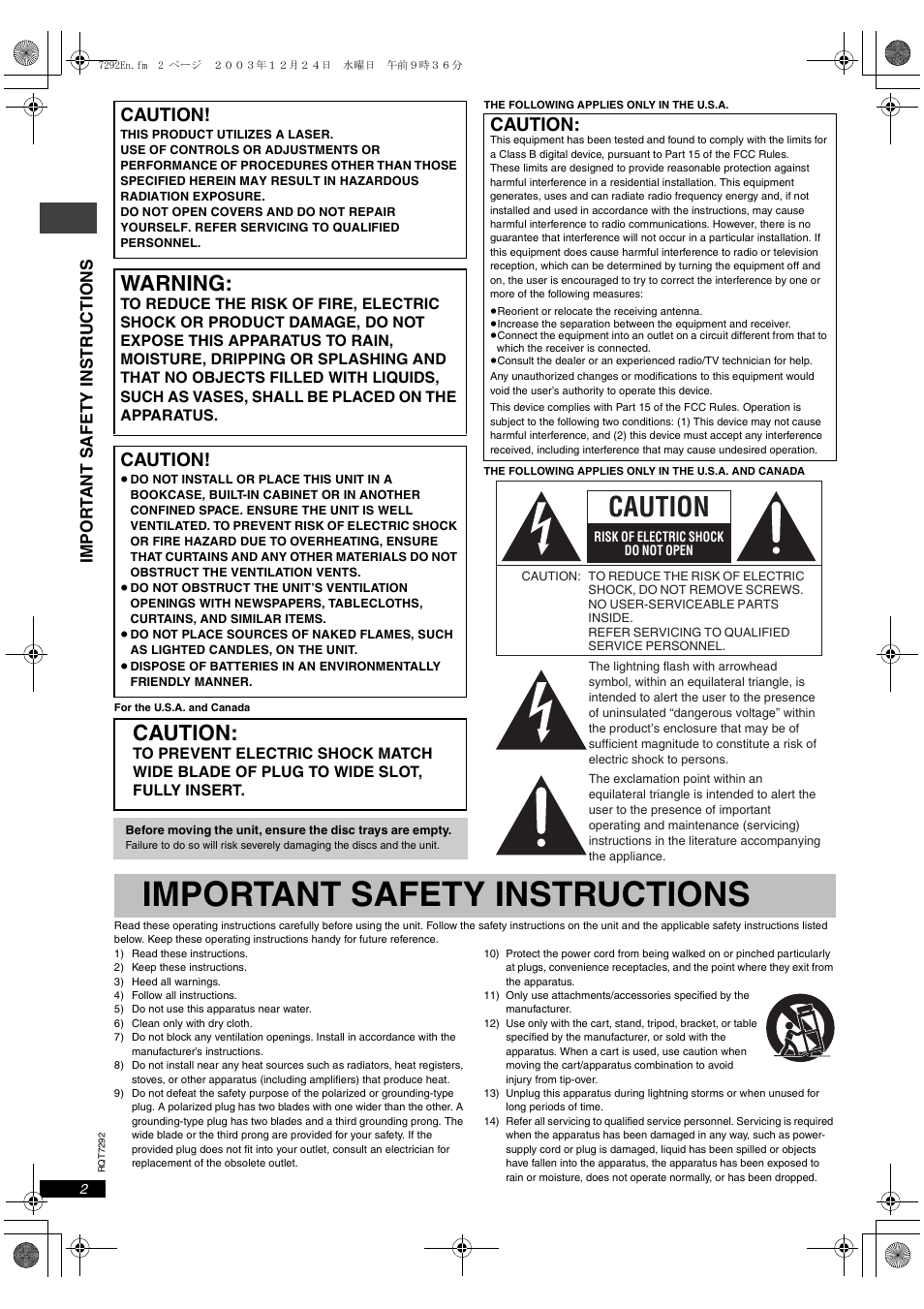 Important safety instructions, Warning, Caution | Im po r t ant safety instr ucti o n s | Panasonic DVD-F84 User Manual | Page 2 / 20