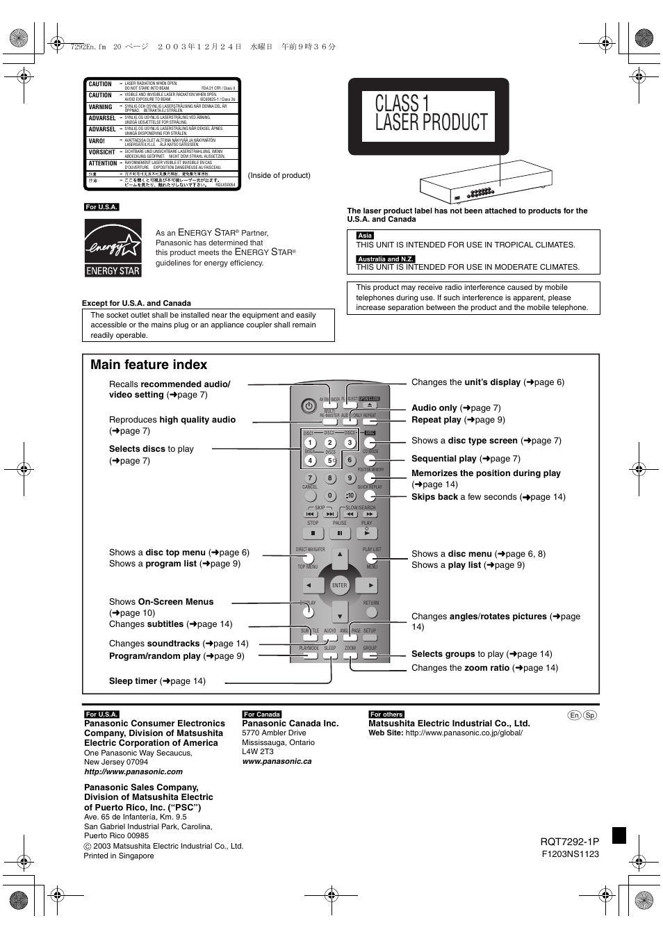 Class 1 laser product, Main feature index | Panasonic DVD-F84 User Manual | Page 20 / 20