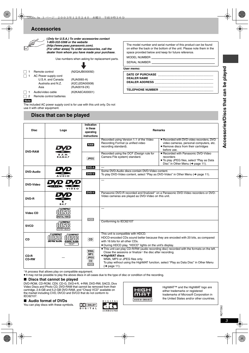 Accessories, Discs that can be played, Access ori es/di scs that can be pla y ed | Panasonic DVD-F84 User Manual | Page 3 / 20