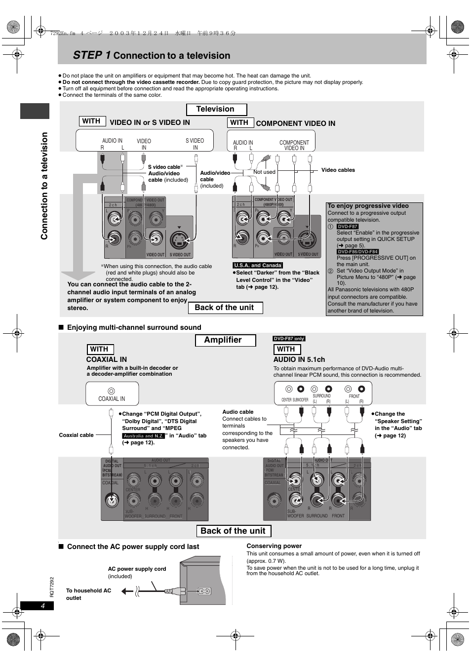 Step 1, Connection, Amplifier back of the unit | Co nnecti on to a te le vi sion, Television, Back of the unit | Panasonic DVD-F84 User Manual | Page 4 / 20