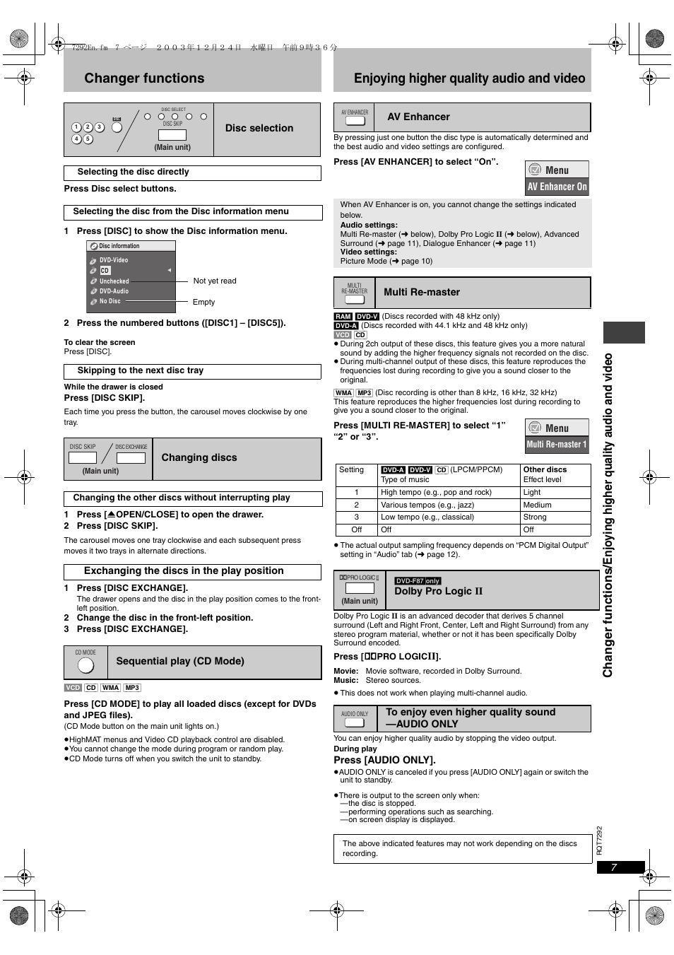 Changer functions, Enjoying higher quality audio and video | Panasonic DVD-F84 User Manual | Page 7 / 20