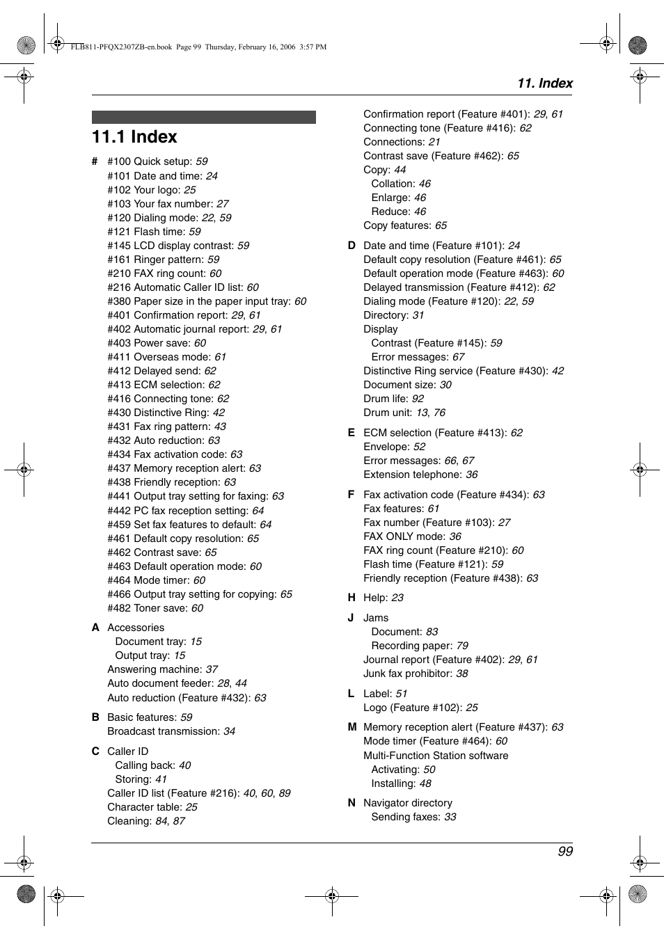 Index, 1 index, Index 99 | Panasonic KX-FLB811 User Manual | Page 101 / 106
