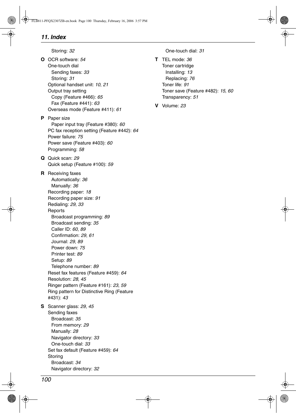 Index 100 | Panasonic KX-FLB811 User Manual | Page 102 / 106