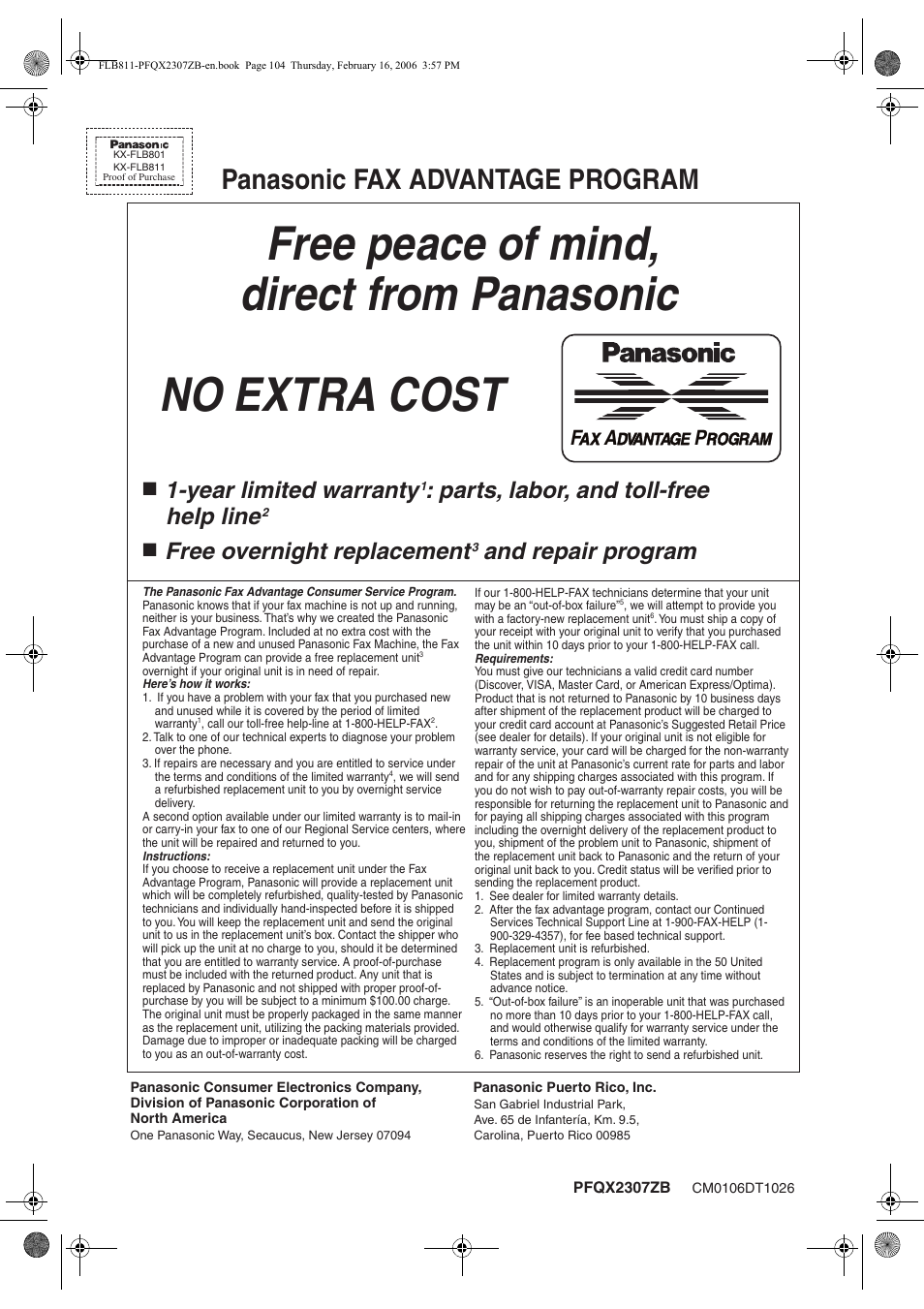Panasonic fax advantage program, Year limited warranty, Parts, labor, and toll-free help line | Free overnight replacement, And repair program | Panasonic KX-FLB811 User Manual | Page 106 / 106