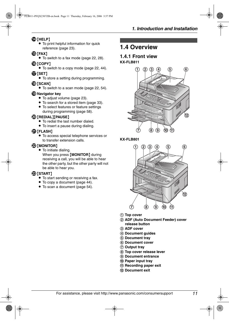 4 overview, Overview, 4 overview | 1 front view | Panasonic KX-FLB811 User Manual | Page 13 / 106