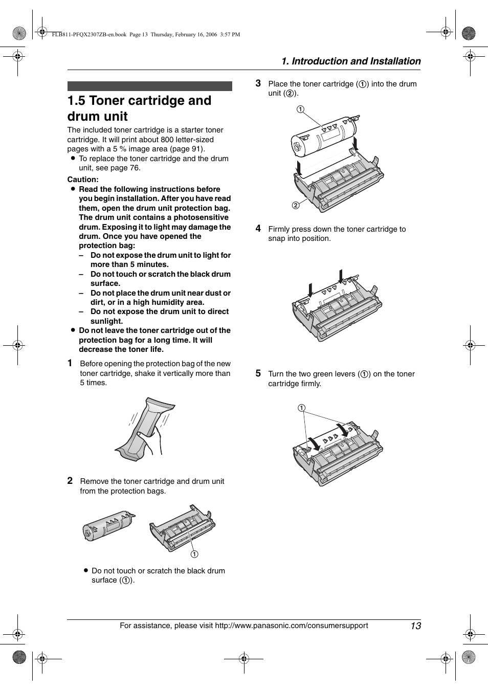 Installation, 5 toner cartridge and drum unit, Toner cartridge and drum unit | 5 toner cartridge and drum unit, Introduction and installation 13 | Panasonic KX-FLB811 User Manual | Page 15 / 106