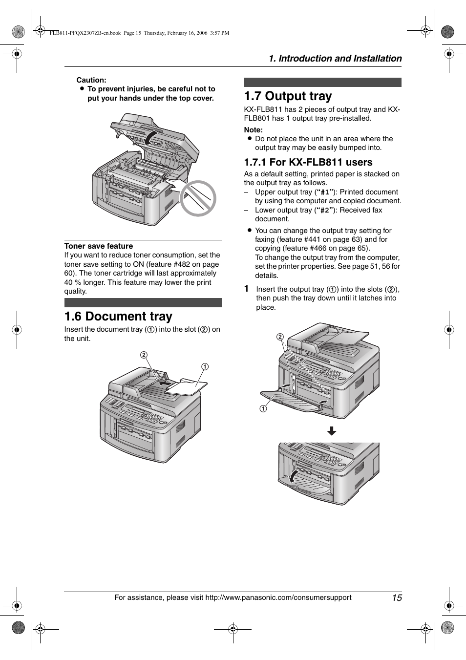 6 document tray, 7 output tray, Document tray | Output tray, 6 document tray, 7 output tray, 1 for kx-flb811 users | Panasonic KX-FLB811 User Manual | Page 17 / 106