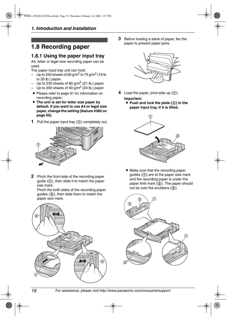 8 recording paper, Recording paper, 8 recording paper | 1 using the paper input tray, Introduction and installation 18 | Panasonic KX-FLB811 User Manual | Page 20 / 106