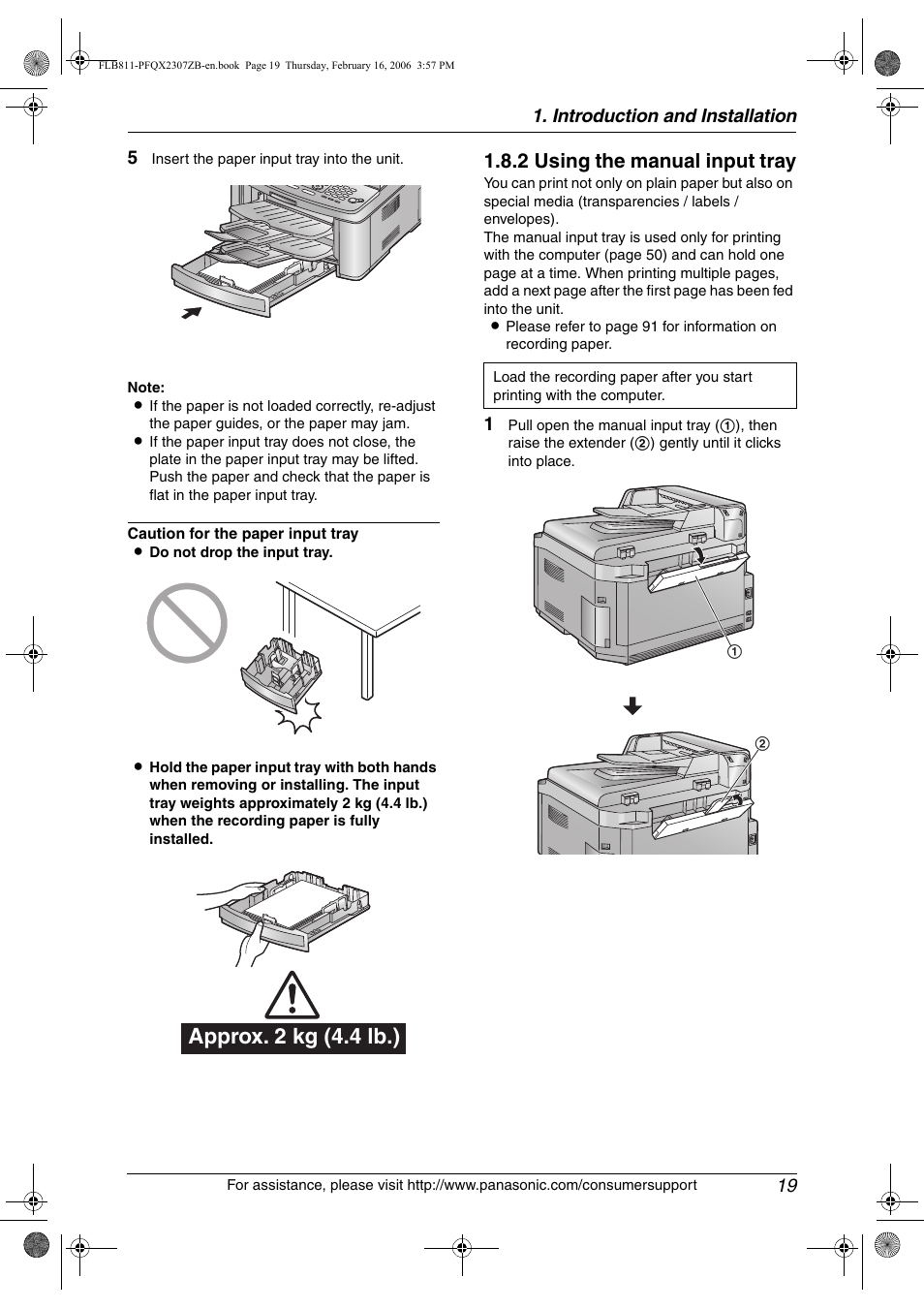 Approx. 2 kg (4.4 lb.), 2 using the manual input tray | Panasonic KX-FLB811 User Manual | Page 21 / 106