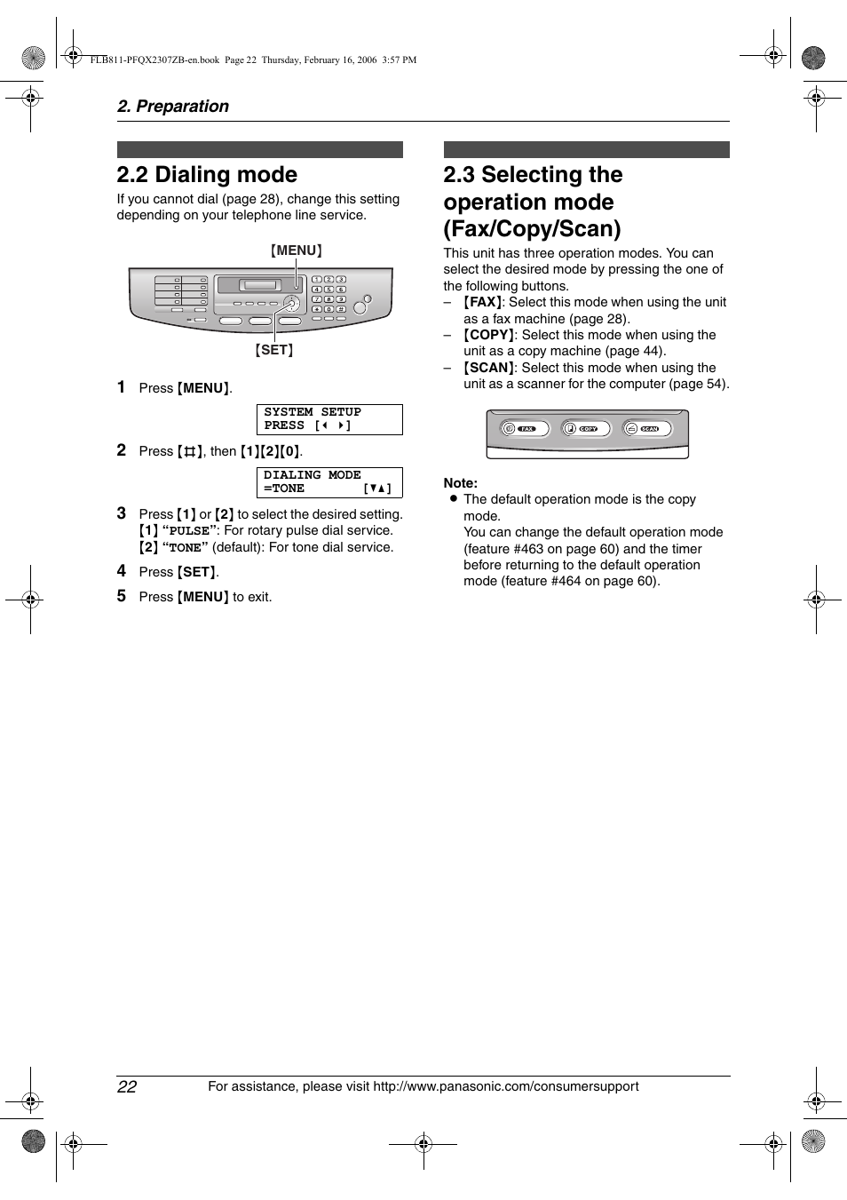 2 dialing mode, 3 selecting the operation mode (fax/copy/scan), Dialing mode | Selecting the operation mode (fax/ copy/scan), 2 dialing mode, 3 selecting the operation mode (fax/copy/scan) | Panasonic KX-FLB811 User Manual | Page 24 / 106