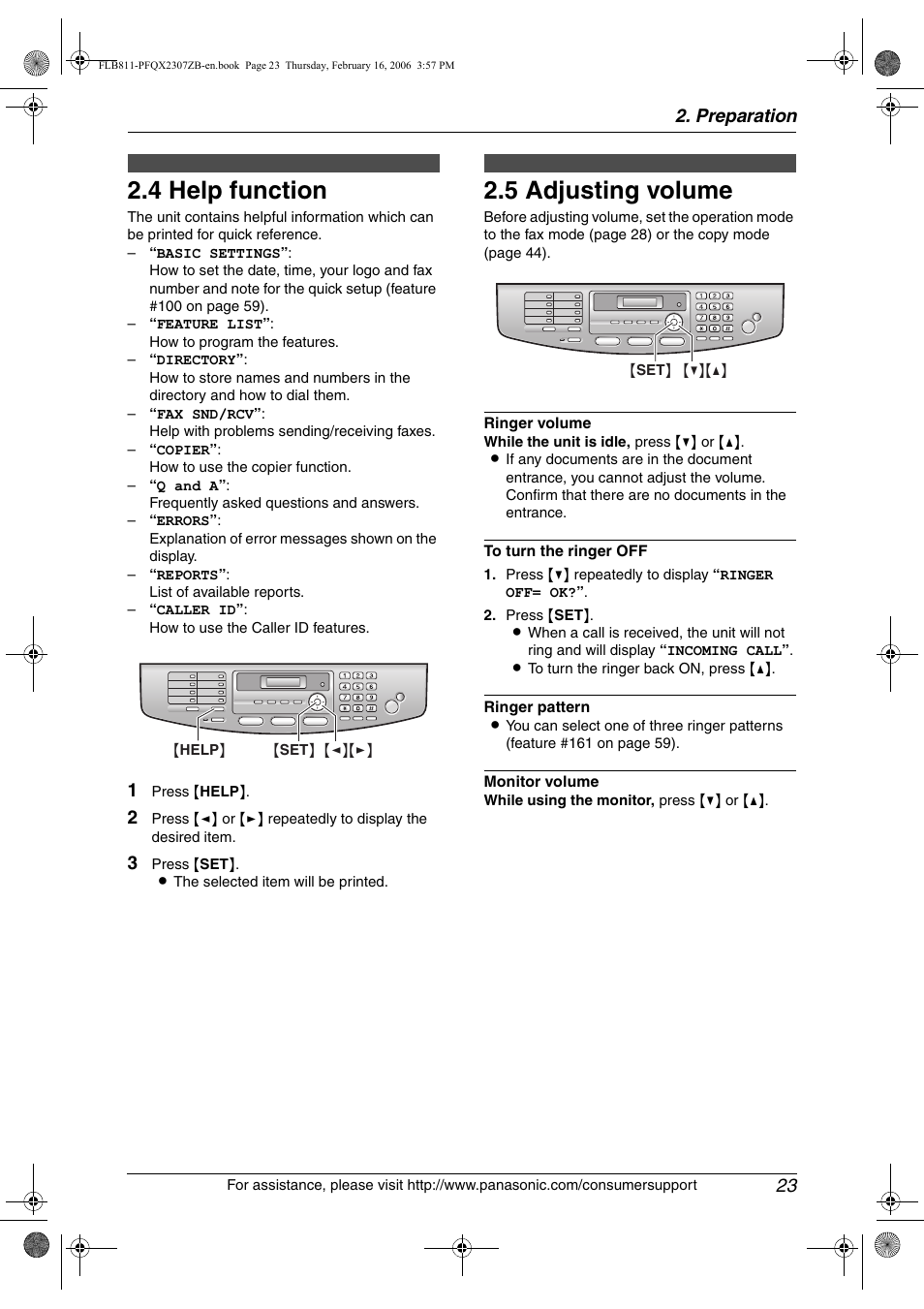 Help button, 4 help function, Volume | 5 adjusting volume, Initial programming, Help function, Adjusting volume, 4 help function, 5 adjusting volume, Preparation 23 | Panasonic KX-FLB811 User Manual | Page 25 / 106