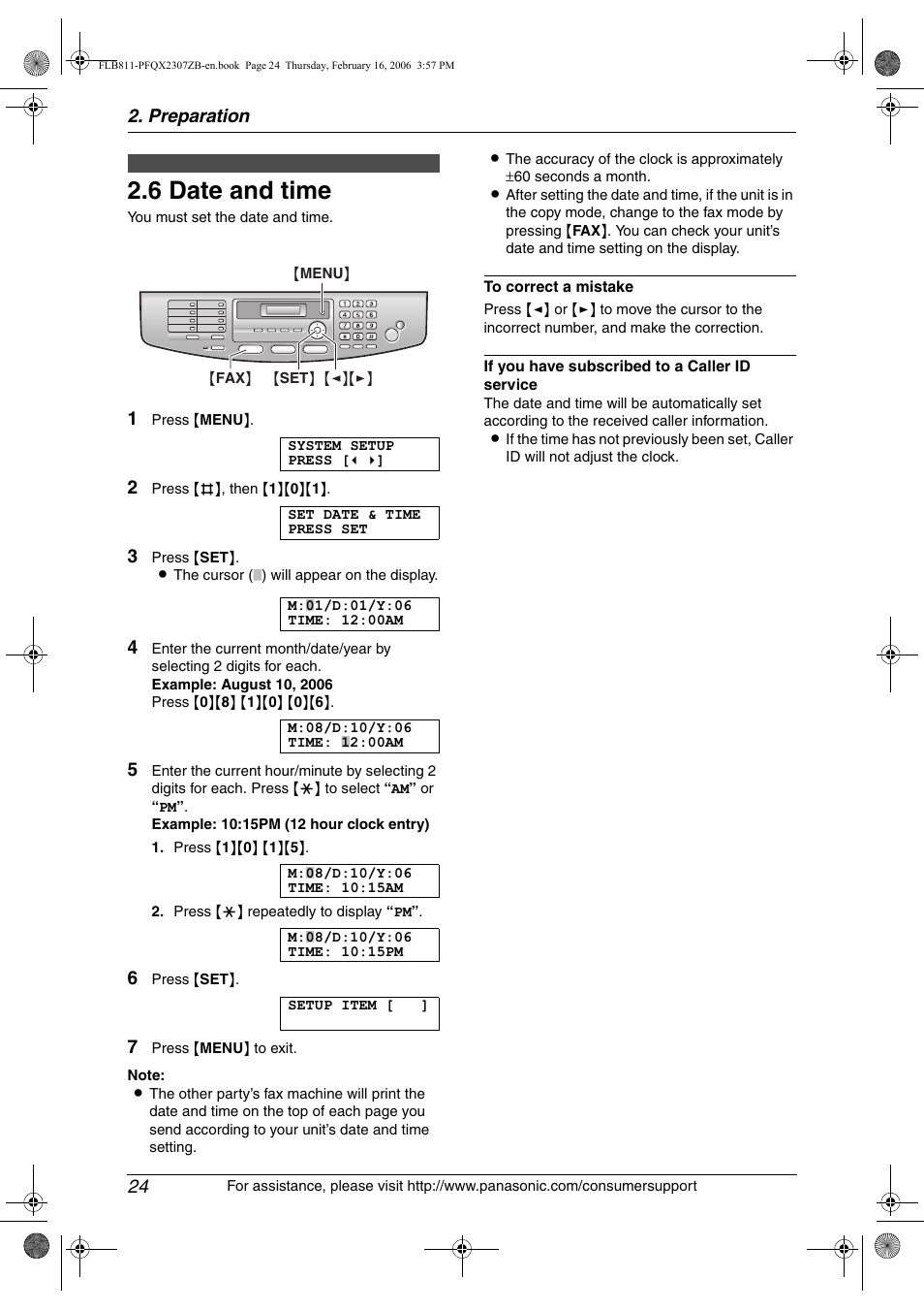 6 date and time, Date and time, 6 date and time | Panasonic KX-FLB811 User Manual | Page 26 / 106