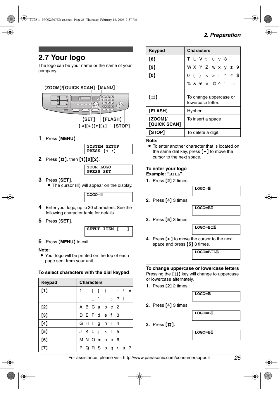 7 your logo, Your logo, 7 your logo | Preparation 25 | Panasonic KX-FLB811 User Manual | Page 27 / 106