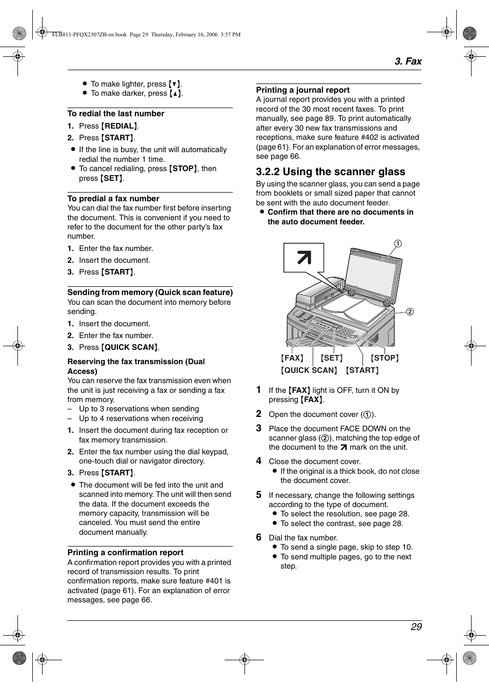 2 using the scanner glass, Fax 29 | Panasonic KX-FLB811 User Manual | Page 31 / 106