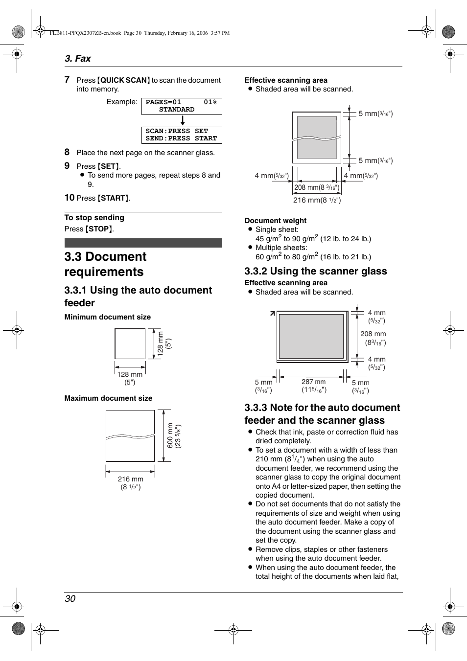 3 document requirements, Document requirements, Ep 10 | 3 document requirements, 1 using the auto document feeder, 2 using the scanner glass, Fax 30 7 | Panasonic KX-FLB811 User Manual | Page 32 / 106