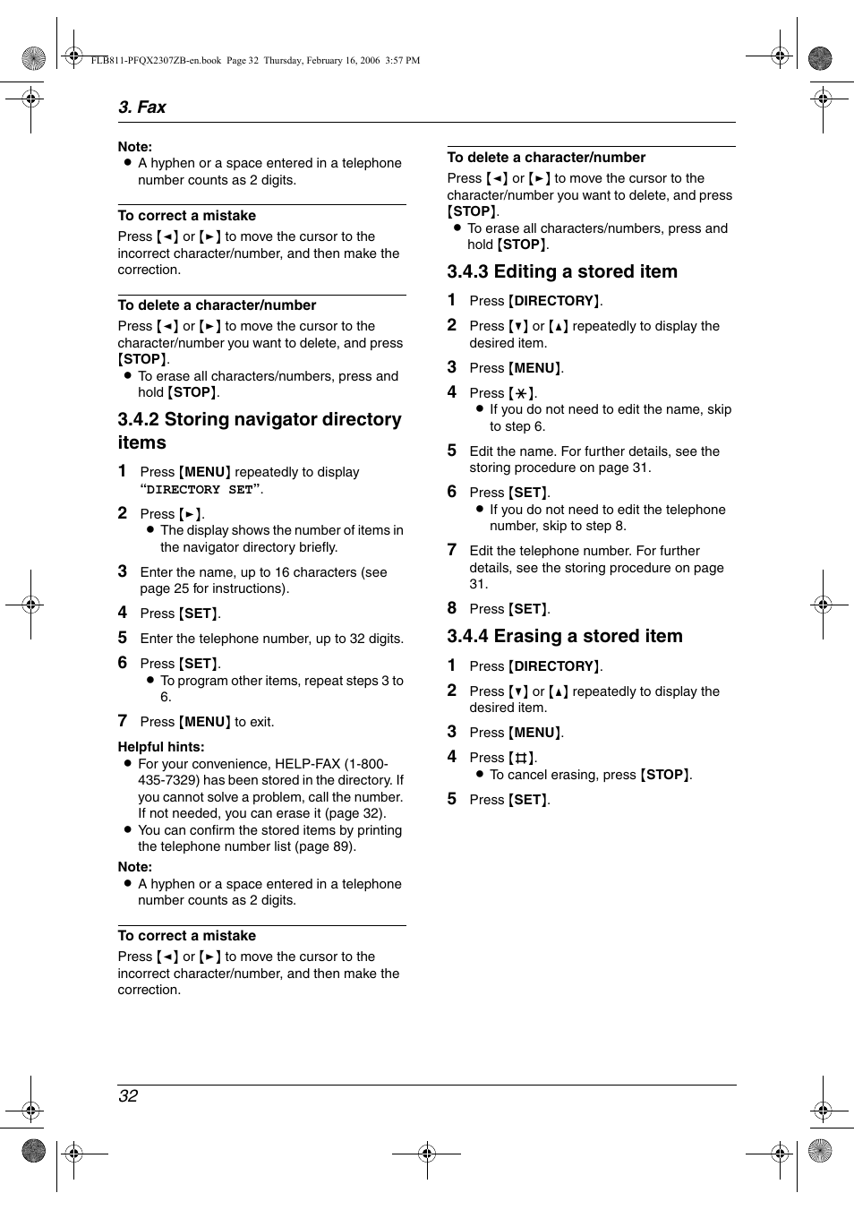 2 storing navigator directory items, 3 editing a stored item, 4 erasing a stored item | Panasonic KX-FLB811 User Manual | Page 34 / 106
