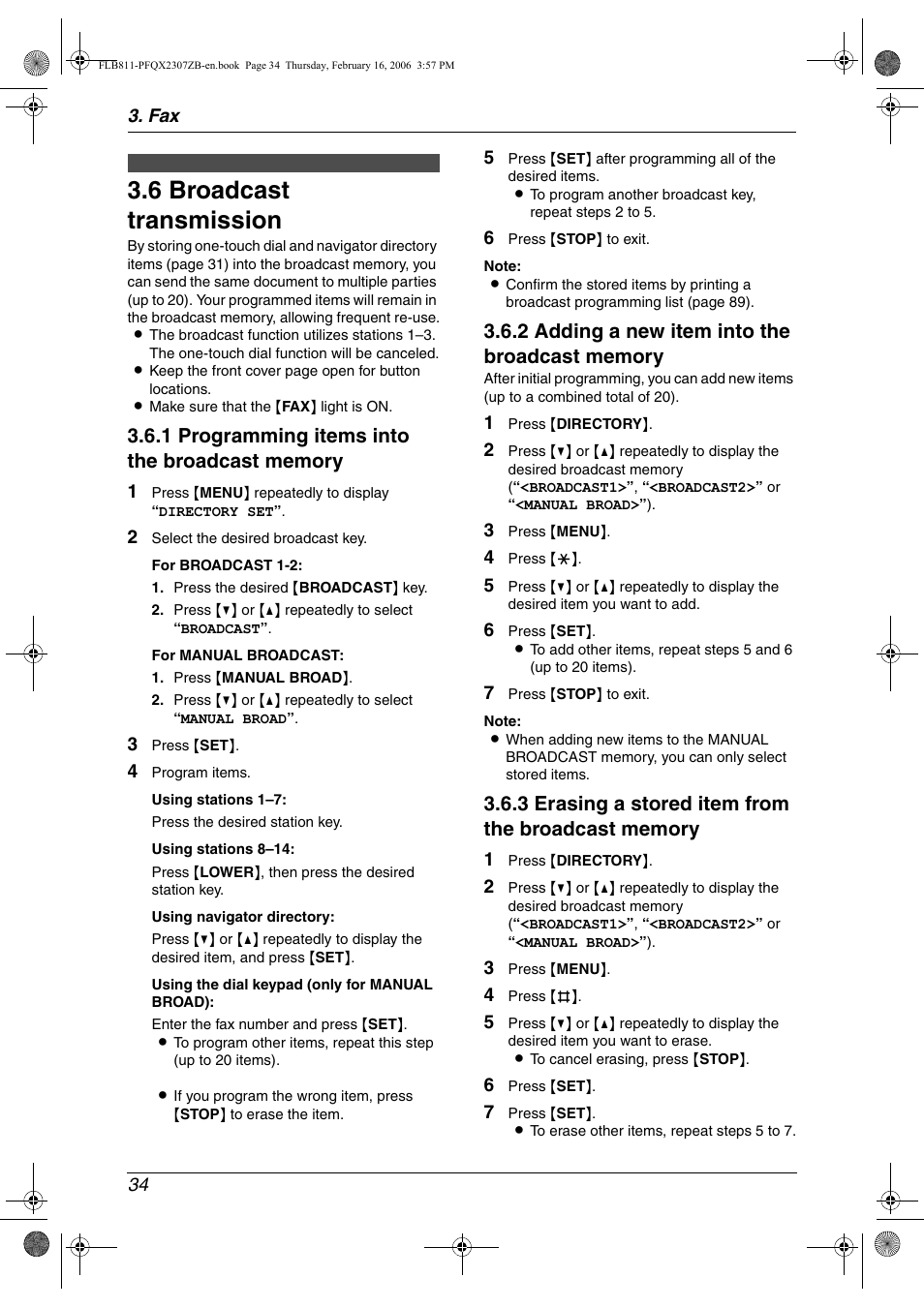 6 broadcast transmission, Broadcast transmission, 6 broadcast transmission | Panasonic KX-FLB811 User Manual | Page 36 / 106