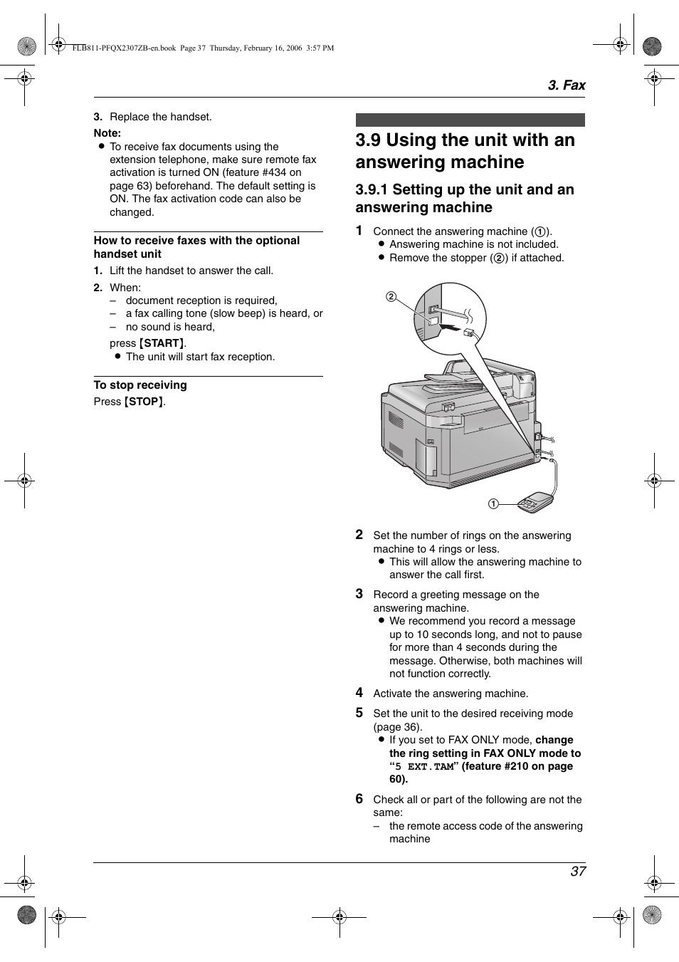 9 using the unit with an answering machine, Using the unit with an answering machine, 9 using the unit with an answering machine | 1 setting up the unit and an answering machine | Panasonic KX-FLB811 User Manual | Page 39 / 106