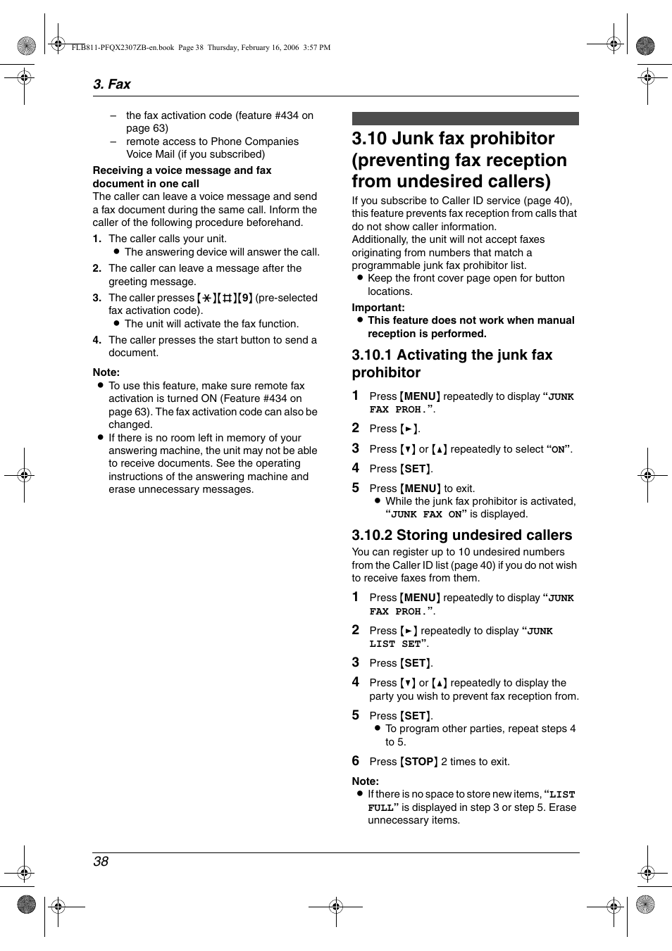 Junk fax prohibitor (preventing fax, Reception from undesired callers), 1 activating the junk fax prohibitor | 2 storing undesired callers | Panasonic KX-FLB811 User Manual | Page 40 / 106