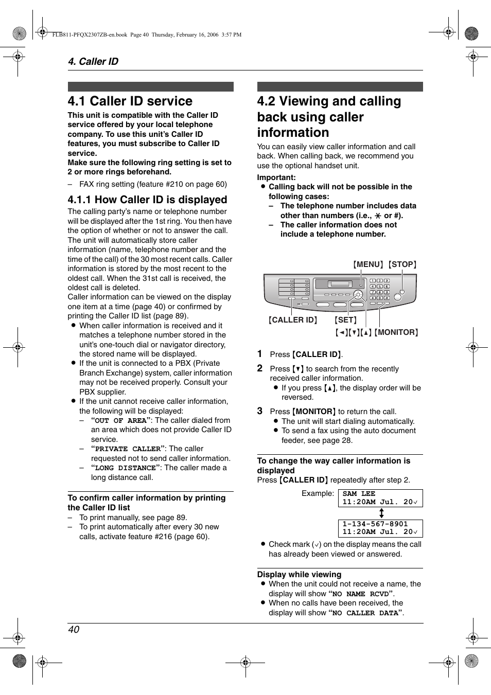 Caller id, 1 caller id service, Caller id service | Viewing and calling back using caller, Information, 1 caller id service, 1 how caller id is displayed, Caller id 40 | Panasonic KX-FLB811 User Manual | Page 42 / 106