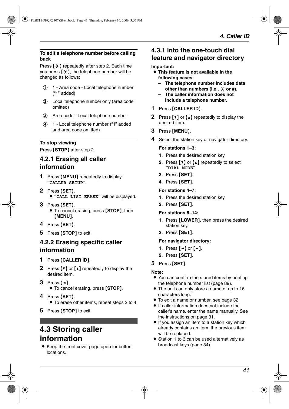 3 storing caller information, Storing caller information, 3 storing caller information | 1 erasing all caller information, 2 erasing specific caller information | Panasonic KX-FLB811 User Manual | Page 43 / 106