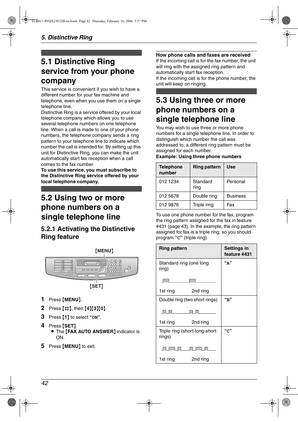 Distinctive ring, Distinctive ring service from your phone company, 1 distinctive ring service from your phone company | 1 activating the distinctive ring feature | Panasonic KX-FLB811 User Manual | Page 44 / 106