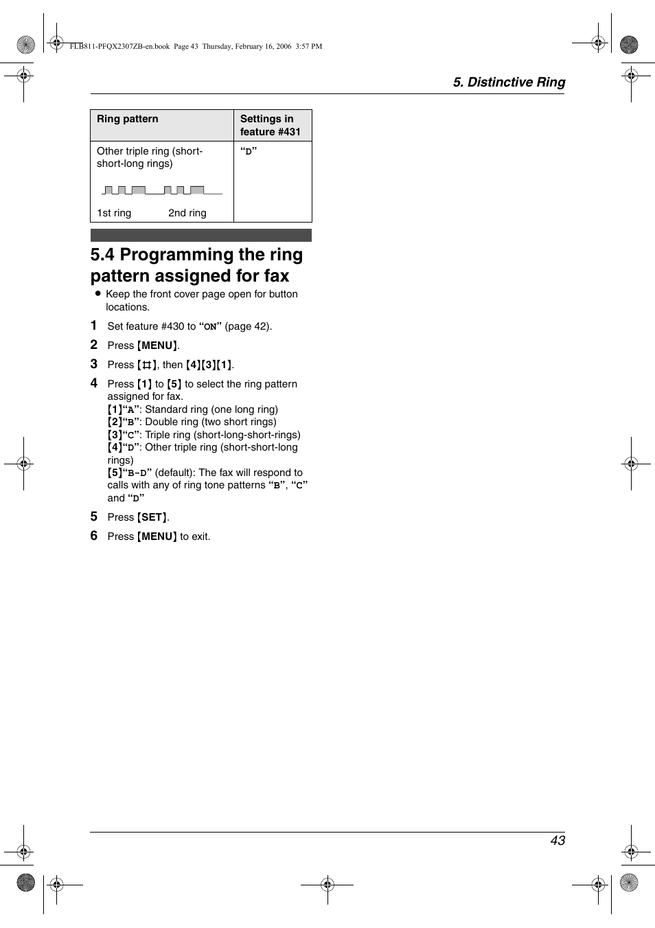 4 programming the ring pattern assigned for fax, Programming the ring pattern assigned for fax, 4 programming the ring pattern assigned for fax | Panasonic KX-FLB811 User Manual | Page 45 / 106
