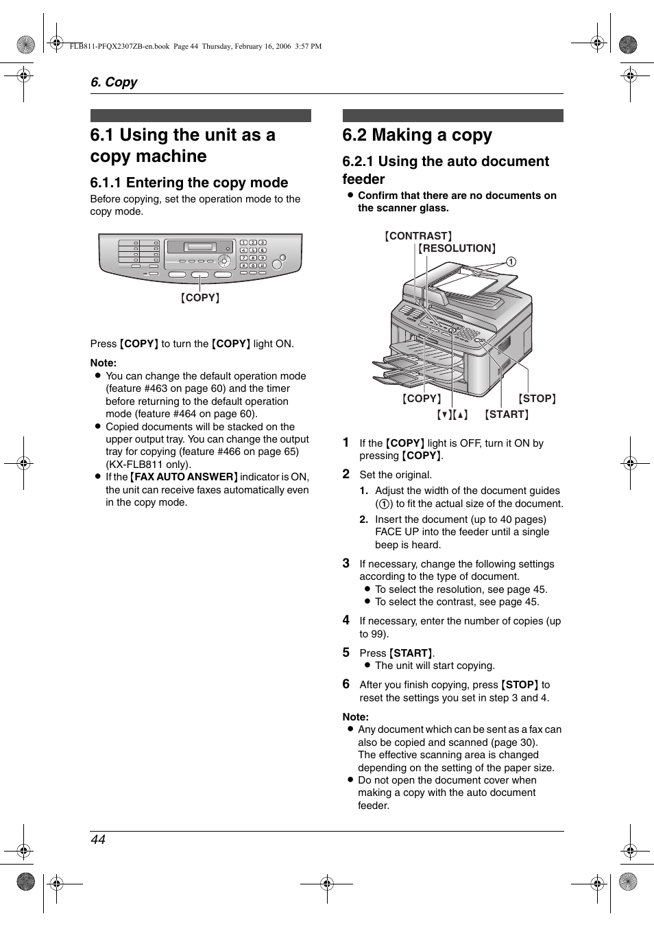 Copy, 1 using the unit as a copy machine, 2 making a copy | Using the unit as a copy machine, Making a copy, 1 using the unit as a copy machine, 2 making a copy, 1 entering the copy mode, 1 using the auto document feeder | Panasonic KX-FLB811 User Manual | Page 46 / 106