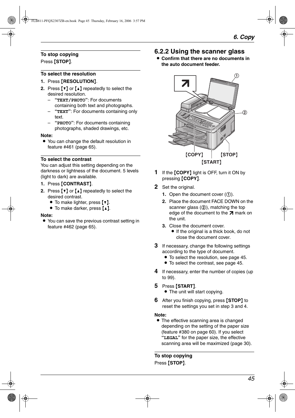 2 using the scanner glass, Copy 45 | Panasonic KX-FLB811 User Manual | Page 47 / 106