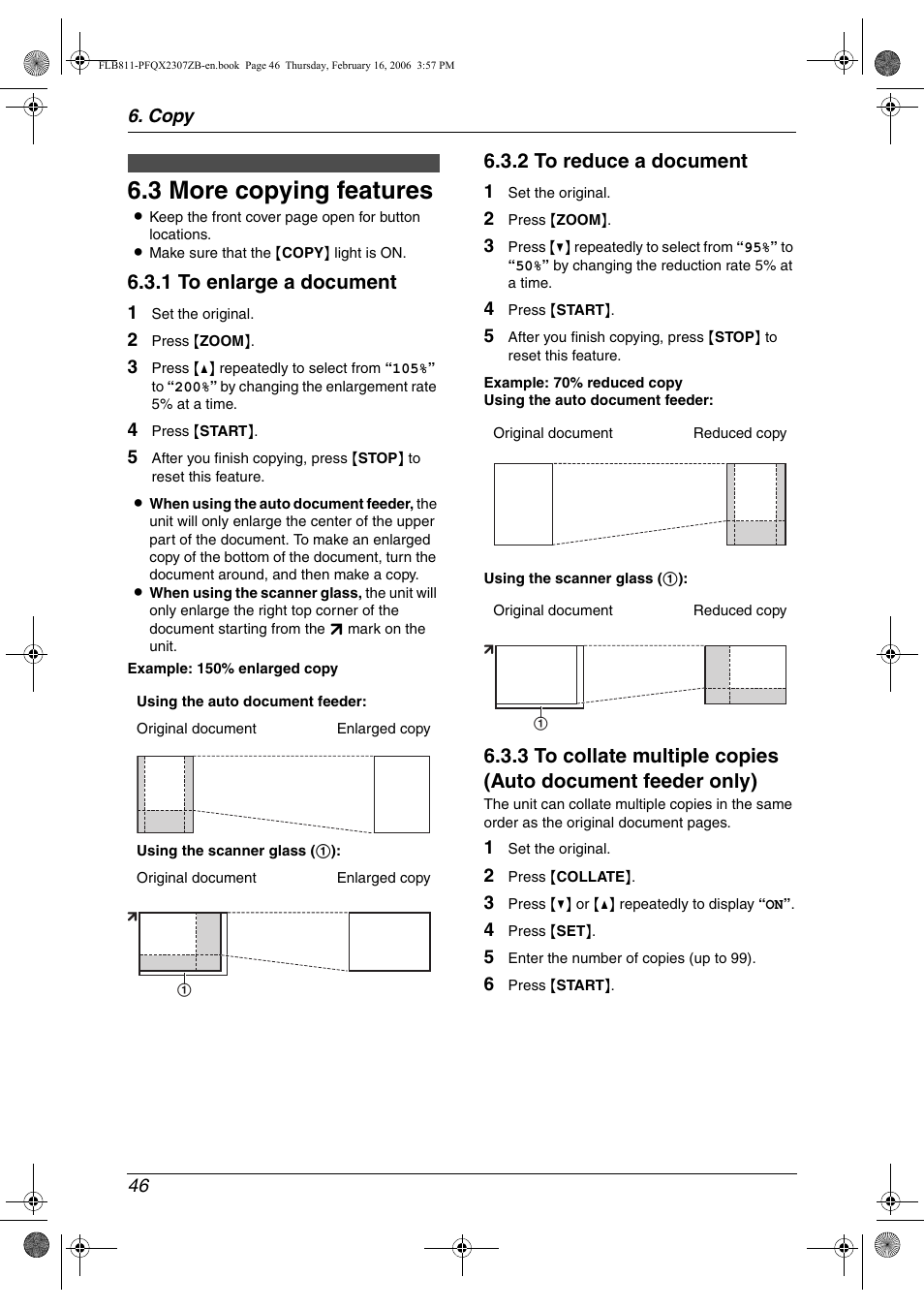 3 more copying features, More copying features, 3 more copying features | 1 to enlarge a document, 2 to reduce a document | Panasonic KX-FLB811 User Manual | Page 48 / 106