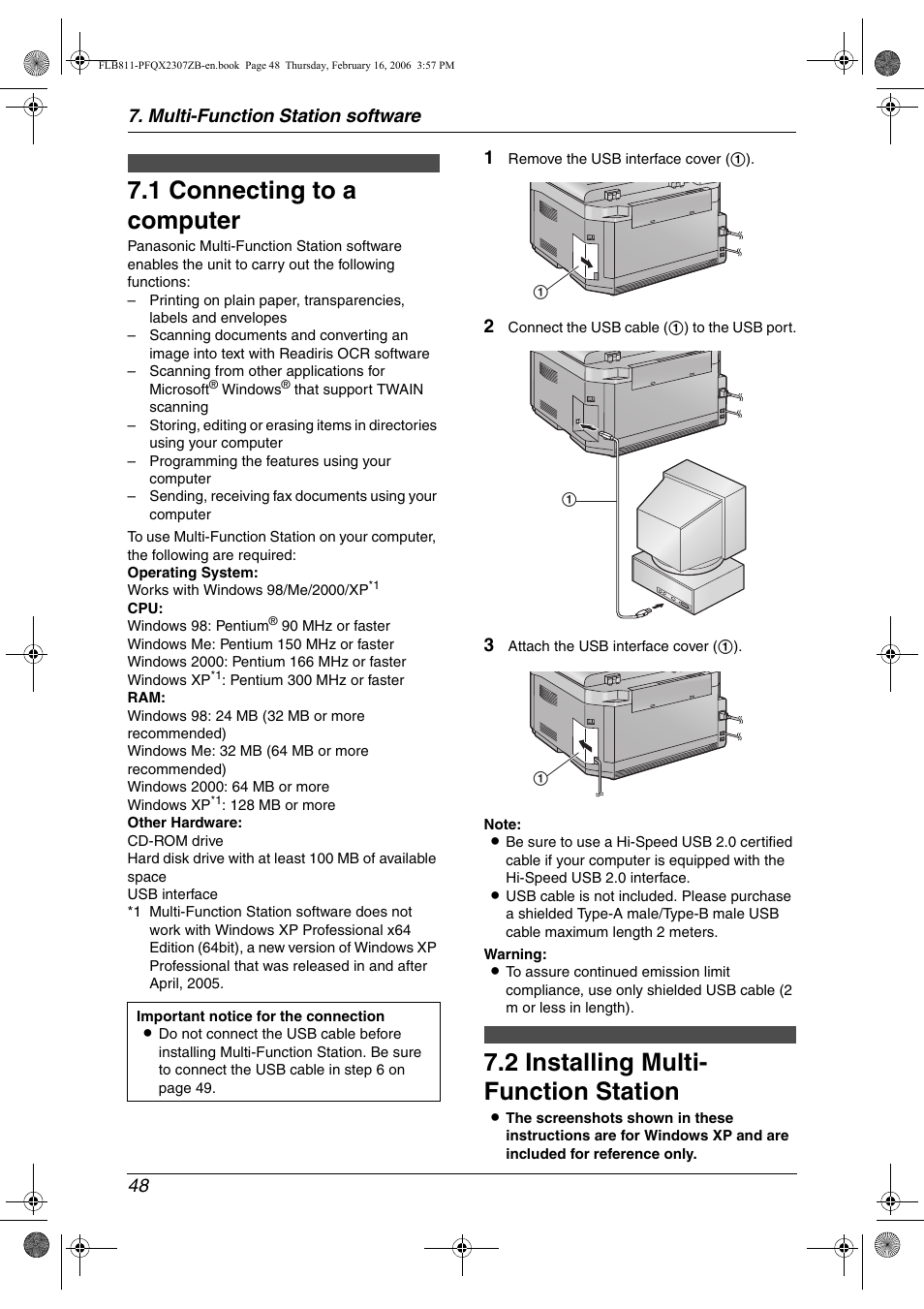 Multi-function station software, Setup, 1 connecting to a computer | 2 installing multi- function station, Multi-function station, Software, Connecting to a computer, Installing multi-function station, 1 connecting to a computer, 2 installing multi- function station | Panasonic KX-FLB811 User Manual | Page 50 / 106